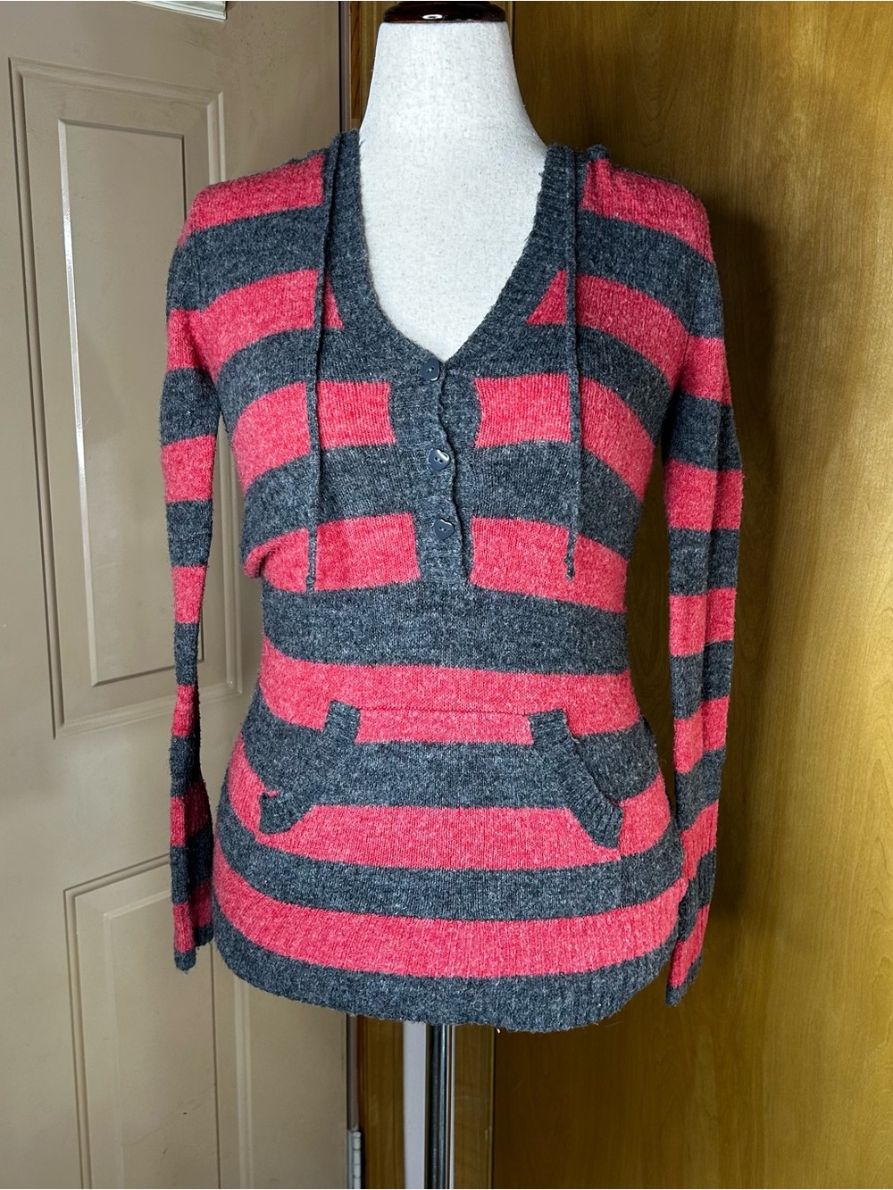 Love Rocks Red and Gray Striped V-Neck Hooded Sweater